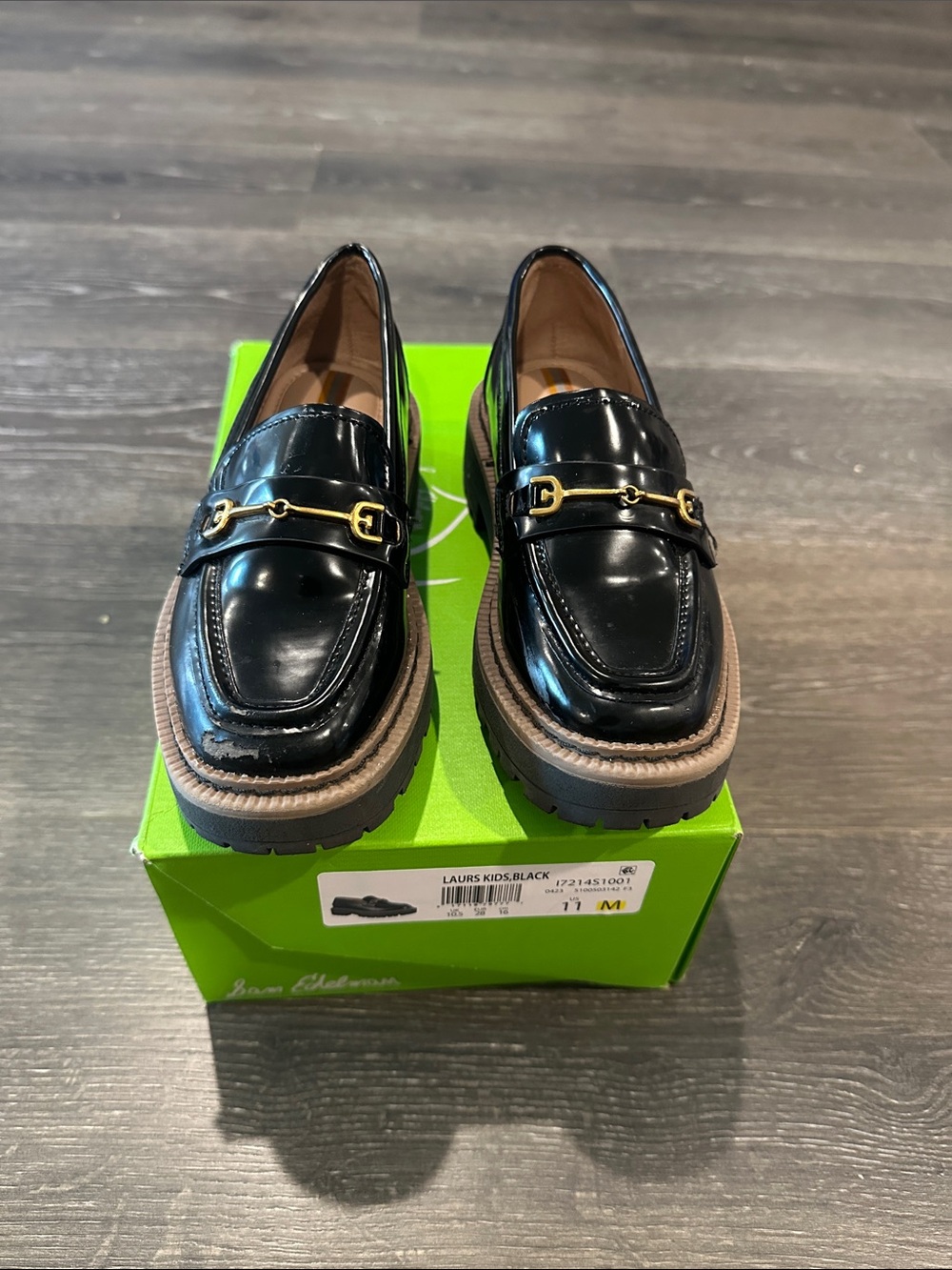 Sam Edelman Girls Black Patent Loafer with Gold Bit Hardware